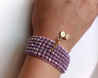 Lilac Crystal Multi Strand Bracelet with Gold Heart Charms – Handmade Elegant Beaded Bracelet for Women