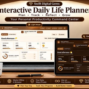 May include: A digital daily life planner displayed on a laptop and tablet screen, featuring light and dark mode interfaces. The dashboard shows task progress, habit tracking, water intake, and mood. A white mug with a logo and a pen sit in front.