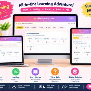 Puede incluir: Una plataforma de aprendizaje digital mostrada en un monitor de escritorio, portátil, tableta y teléfono inteligente. La interfaz presenta un panel de control con seguimiento de progreso para matemáticas, ortografía y arte.