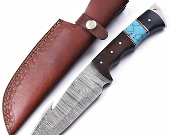 Damascus Gut Hook Knife: Perfect for Hunting, Camping Tool, EDC Bushcraft Skinner Gift for Hunters, Campers, Anniversary Gift for Him.