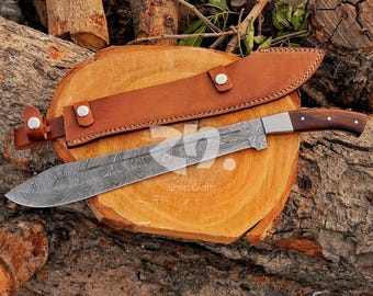 Damascus Steel Machete Knife: 18" Hand Forged Solid Bowie Hunting Blade Solid Wood Handle Leather Sheath Best Valentine Day Gift for Him