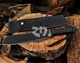 Rambo IV Machete Knife: Full Tang Steel Blade Hunting Knife Technical Gear Camping Survival Utility, Leather Wrapped Handle Gift for Him