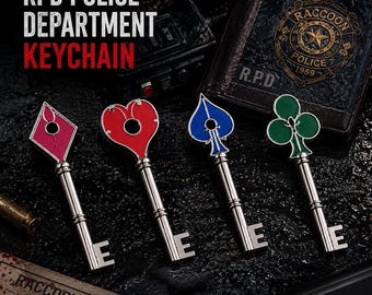 Resident Evil 2 Racoon Police Department RPD Precinct Keys Set Heart Club Diamond Replica Game Props 6.8 cm Metal Umbrella Corp Gamer Gift