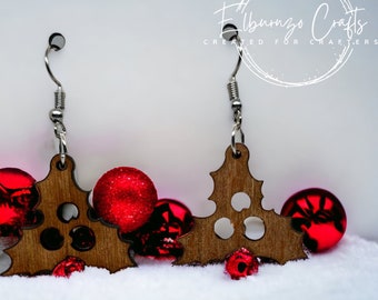 Christmas holly and berries fish hook style earrings