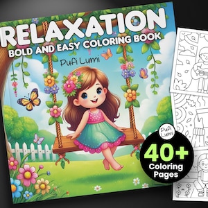 Relaxation Coloring Books, Stress Relief Coloring Books, 40 Printable Bold and Easy Coloring Books, Girl Coloring Sheet, Coloring Book PDF