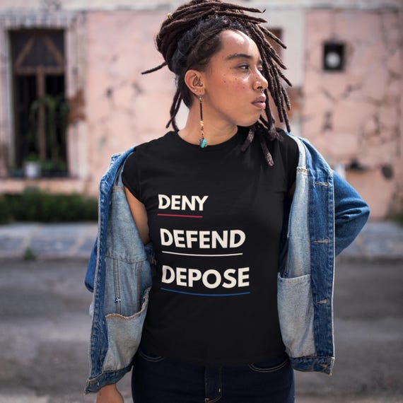 Activist Tee: Deny Defend Depose Graphic (Black, White, Heather)