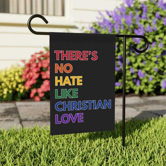 There's No Hate Like Christian Love Activist Banner, Pride Flag Garden Decor, Weather Resistant Polyester, Year Round Use Outdoor Sign