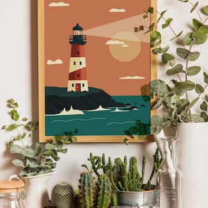 Lighthouse Illustration Print | Beacon by the Ocean Poster | Nautical Artwork | Coastal Landscape Artwork  | Lighthouse Poster