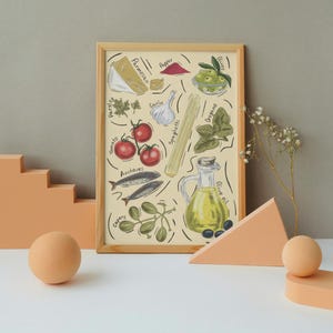 Pasta Puttanesca Ingredients Illustration | Italian Food Wall Art | Rustic Kitchen Decor | Mediterranean Cooking Print