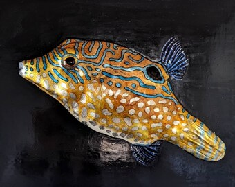 Gilded Pufferfish Painting: Original Mixed Media Fish Art (8x10) - animal sculpture - small oil painting