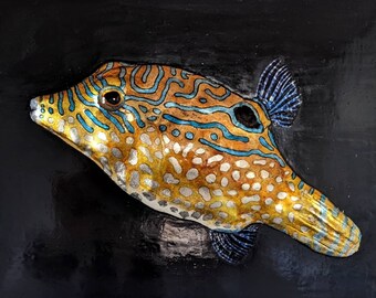 Pufferfish - gilded painting / original art / animal painting / fish art / sculpture / shiny / oil painting / small painting / mixed media