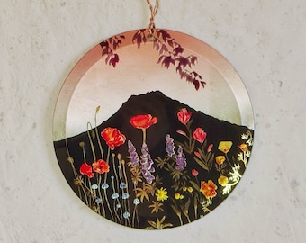 Dormant Volcano Glass Art: Gold Floral Landscape Painting (6 inch) - nature art - flowers