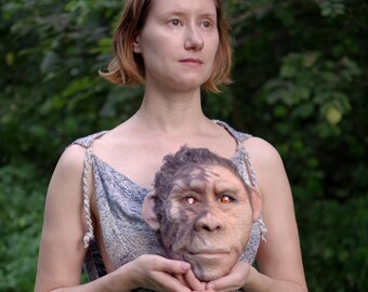 Portrait of the Inventor of the Baby Sling - Australopithicus Woman - Needle felted artwork with glass eyes