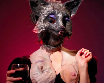 Handmade Silver Fox Mask: Vegan Animal Costume, Masquerade Art - needle felted / unique art / wolf