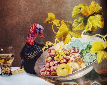 Still Life with a Turkey - glass painting - oil painting - framed art - glass art - gilding - eglomise - animal art - bird art - small art