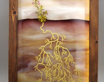 Botanical Light Box - 22k gold leaf - glass engraving - flower art - stained glass