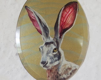 European Hare Suncatcher: Gilded Glass Rabbit Painting - white gold mica art - airbrush - stained glass