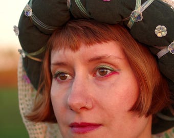 Medieval Halo Hat - with crochetted veil and glass flower beads