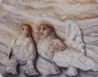 Needle Felted Hen Humans Art: Large Marbled Stone Sculpture ~ original animal painting - bird - harpy