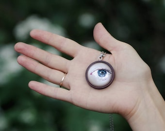 Blue Eye Necklace - eye jewelry / handmade necklace / 22k gold / hand painted / large pendant / eye necklace / romantic necklace / occult