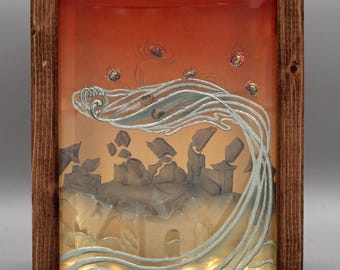 2200 A.D. ~ Engraved Glass Jellyfish Art: Climate Change Statement Piece ~ gilded glass engraving
