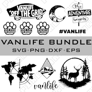 May include: Black and white graphic design bundle with the text "Vanlife" and "Off the Grid". The bundle includes a variety of designs, including a van, a compass, a deer, a mountain range, and paw prints. The text "#Vanlife" is also included.