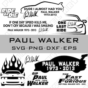 Paul Walker stötfångardekal SVG-paket | Fast & Furious bildekal klippfil | Driving Clipart digital nedladdning | Silhouette Cricut EPS PNG
