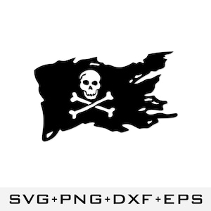 Puede incluir: Una bandera pirata negra con un diseño de calavera y huesos cruzados blancos. La bandera está rasgada y desgastada, lo que le da un aspecto desgastado.