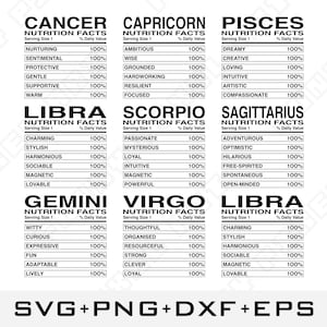 Informazioni nutrizionali zodiacali SVG / 12 tratti dei segni zodiacali File di taglio / Clipart di astrologia / Cricut Silhouette Sublimazione Download digitale