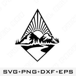 Géométrique montagne lever du soleil SVG | Fichier de coupe d'aventure moderne | Clipart randonnée nature | Téléchargement numérique Cricut Silhouette