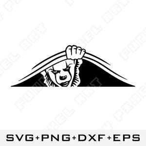 May include: Black and white illustration of a clown peeking out from behind a black and white curved shape. The clown has a wide smile and a pointed hat.