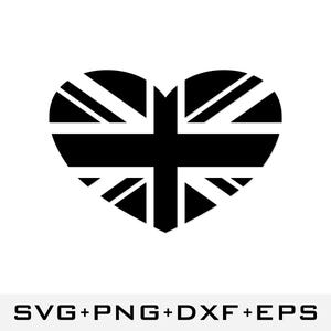 May include: A black heart shape with the Union Jack flag design. The flag's white and red stripes are visible against the black background. The image also includes the text "SVG+PNG+DXF+EPS" at the bottom.