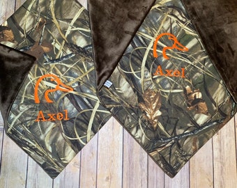 infant blanket 30X30 realtree or mossy oak Camo and orange minky