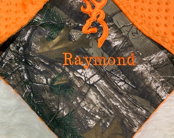 Baby Boy Blanket Real Tree Camo and Orange Minky Personalized Minky Blanket