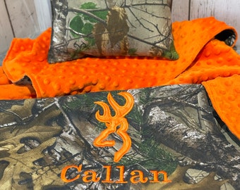 Baby Blanket and Matching Pillow, Personalized Camo Minky Blanket
