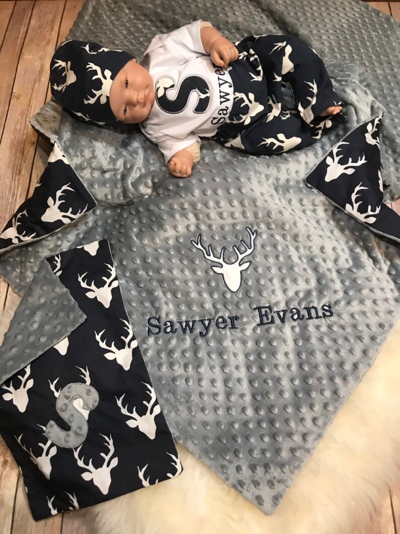 Personalized Baby Boy Homecoming Outfit Personalized Baby Boy Outfit Woodland Baby Boy clothes Minky Baby Gifts Deer Baby Boy Clothes