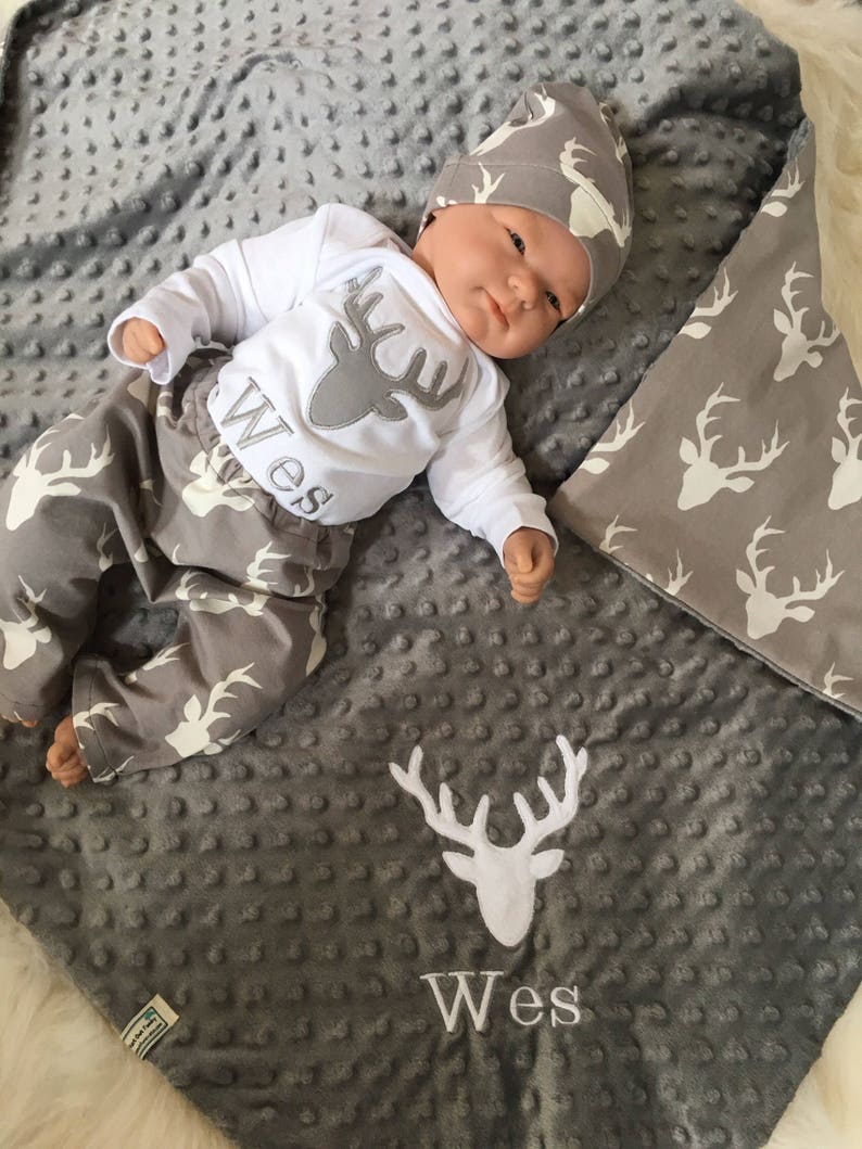 Personalized Baby Boy Homecoming Outfit Personalized Baby Boy Outfit Woodland Baby Boy clothes Minky Baby Gifts Deer Baby Boy Clothes