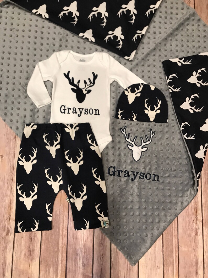 Personalized Baby Boy Homecoming Outfit Personalized Baby Boy Outfit Woodland Baby Boy clothes Minky Baby Gifts Deer Baby Boy Clothes