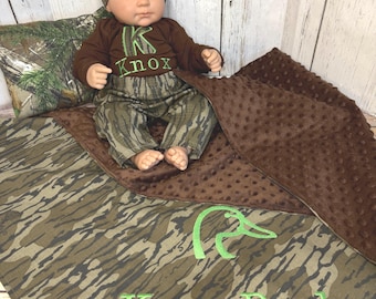 Personalized Bottomland Camo Baby Outfit Set, Minky Blanket, Hunting Gift
