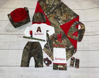 Personalized Camo Baby Clothing Outfit, Minky Blanket, Hunting Clothes