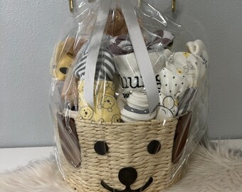 Neutral Baby Gift Basket, Organic Cotton, Bear Theme, Winnie the Pooh shower Gift