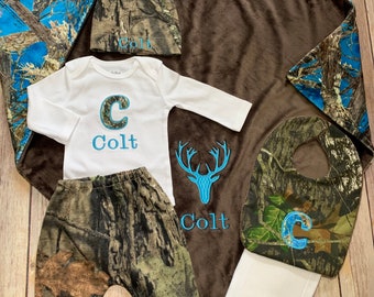 Personalized Blue Camo Baby Clothing Gift Set with matching Blanket, Hunting Camouflage Blue Timber Minky Deer Buck Baby Shower Gift