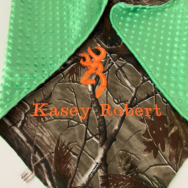 Manta de bebé de camuflaje personalizada: Manta de caza con estampado de camuflaje de ciervo y pato de Minky