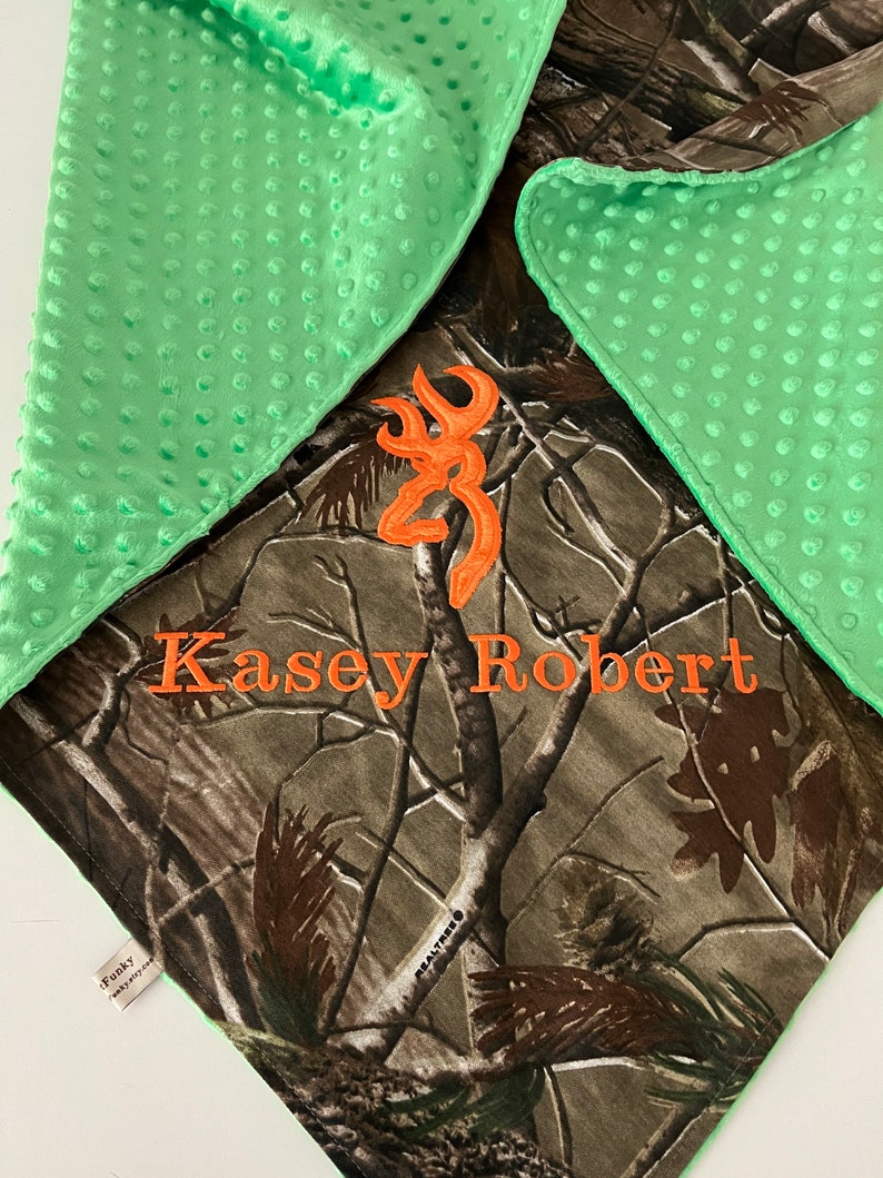 Camo Baby Blanket, Personalized Homecoming Camo Baby Boy Blanket, Antler Deer Hunting outfit, Coming Home Monogrammed Minky Blanket image 9