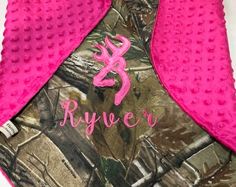 Personalized Girl Camo Minky Baby Blanket, Embroidered Applique