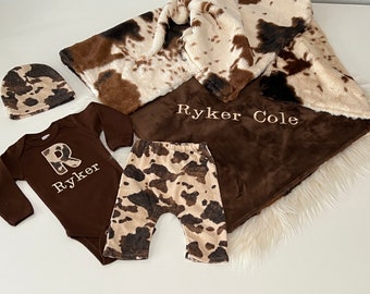 Cow Print Baby Outfit, Personalized Cowhide Baby Gift Set, Minky Blanket, Hat, and Pants
