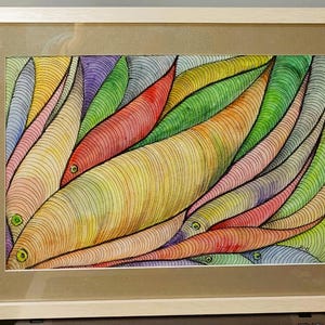 Dipinto originale di pesci colorati, astratto, acquerello, inchiostro, arte, decorazione da parete, oceano, surreale, nautico, vita marina, moderno, regalo per casa sulla spiaggia, vibrazioni costiere