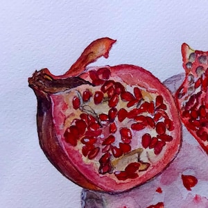 Watercolor Pomegranate Art, Red Fruit Wall Decor, Botanical Kitchen original Artwork, Rustic Farmhouse Painting, Food Still Life Painted Art