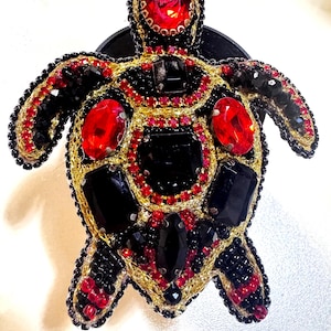 Handmade Beaded Turtle Brooch: Embroidered Tortoise Pin with Crystals