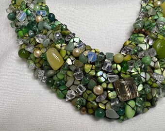 Green Gemstone Beaded Embroidery Necklace, Handmade Artisan Jewelry, Statement Boho Necklace